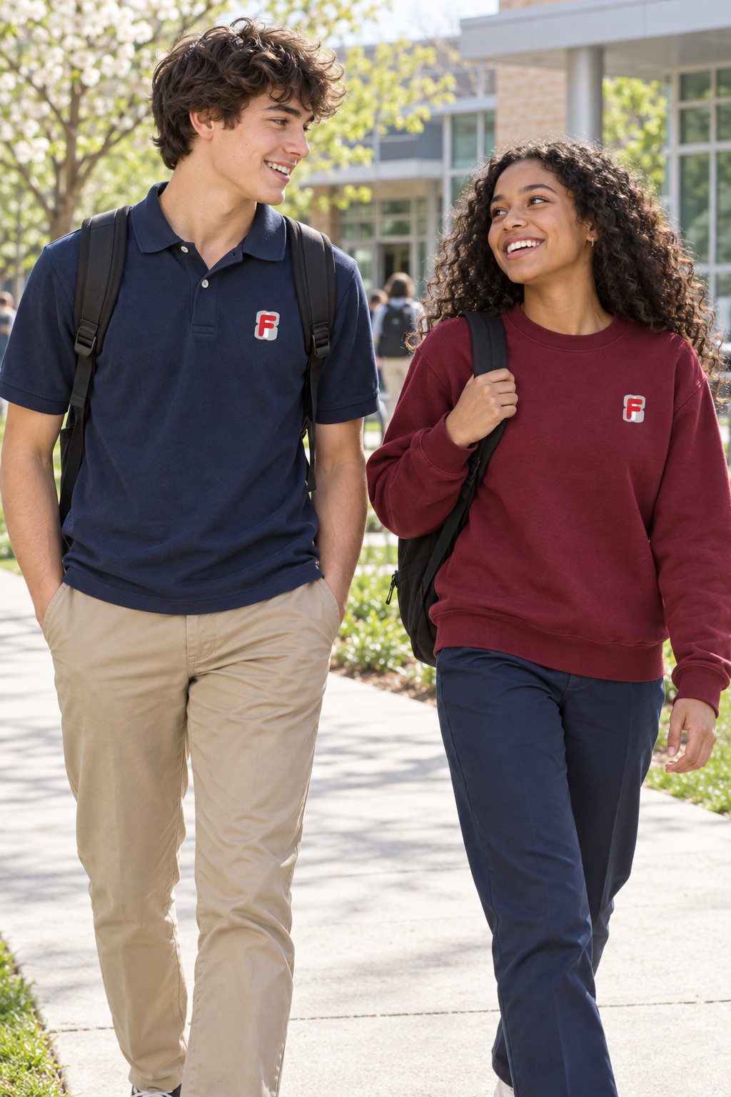 Two students wearing LOUISILAN F branded polo and sweatshirt on a North American style campus