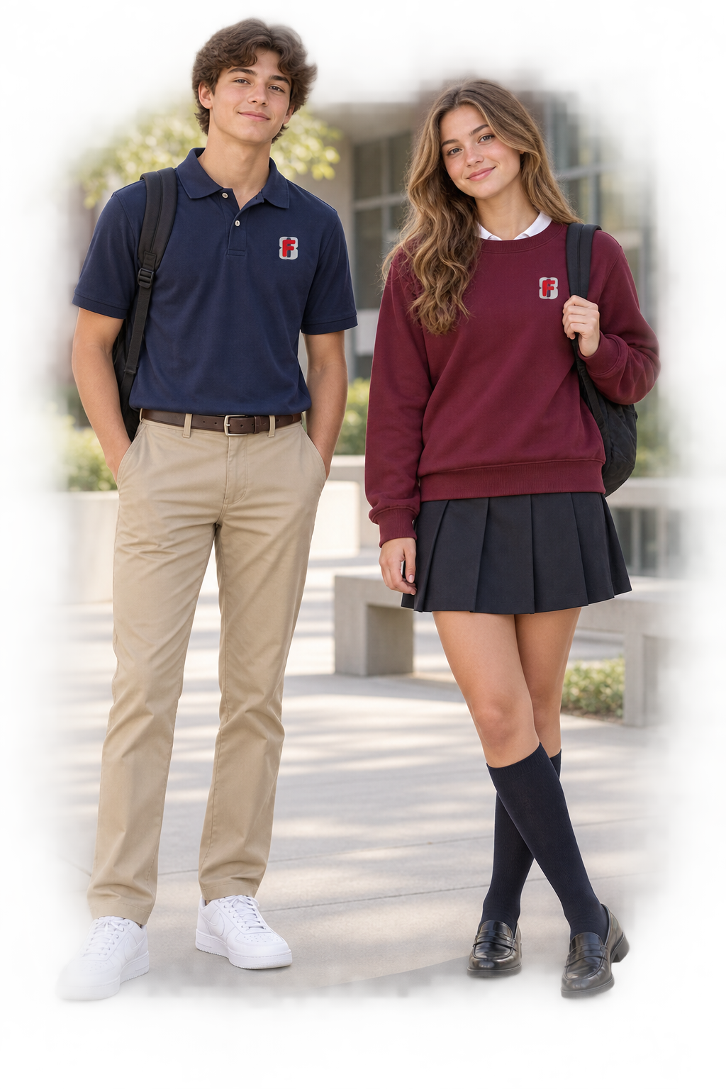 Two students in US-inspired polo and school sweatshirt with the LOUISILAN F badge